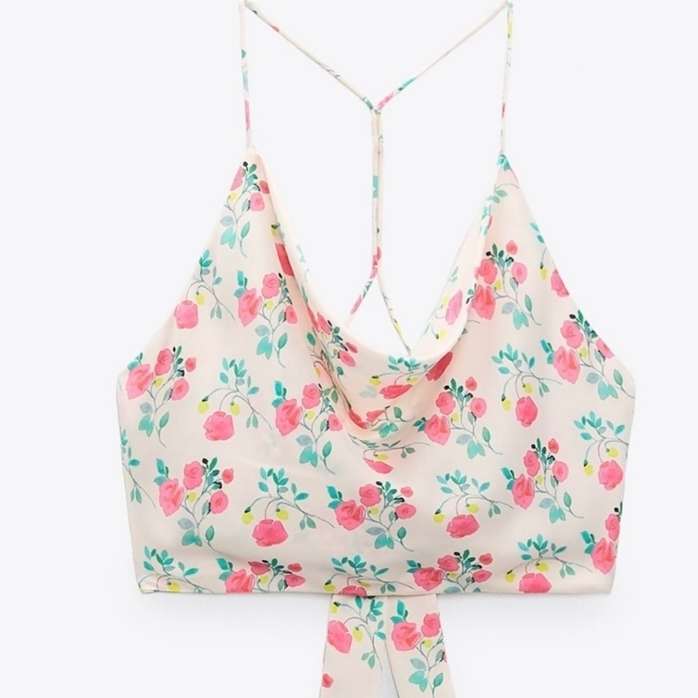ZARA Floral Tie Back Criss Cross Handkerchief Crop Top Size M - Picture 7 of 11